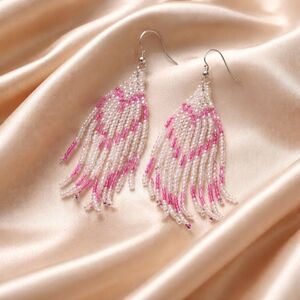 Hidden Heart Seed Bead Fringe Earrings | Neon Pink & Milky Gray Beaded Dangle